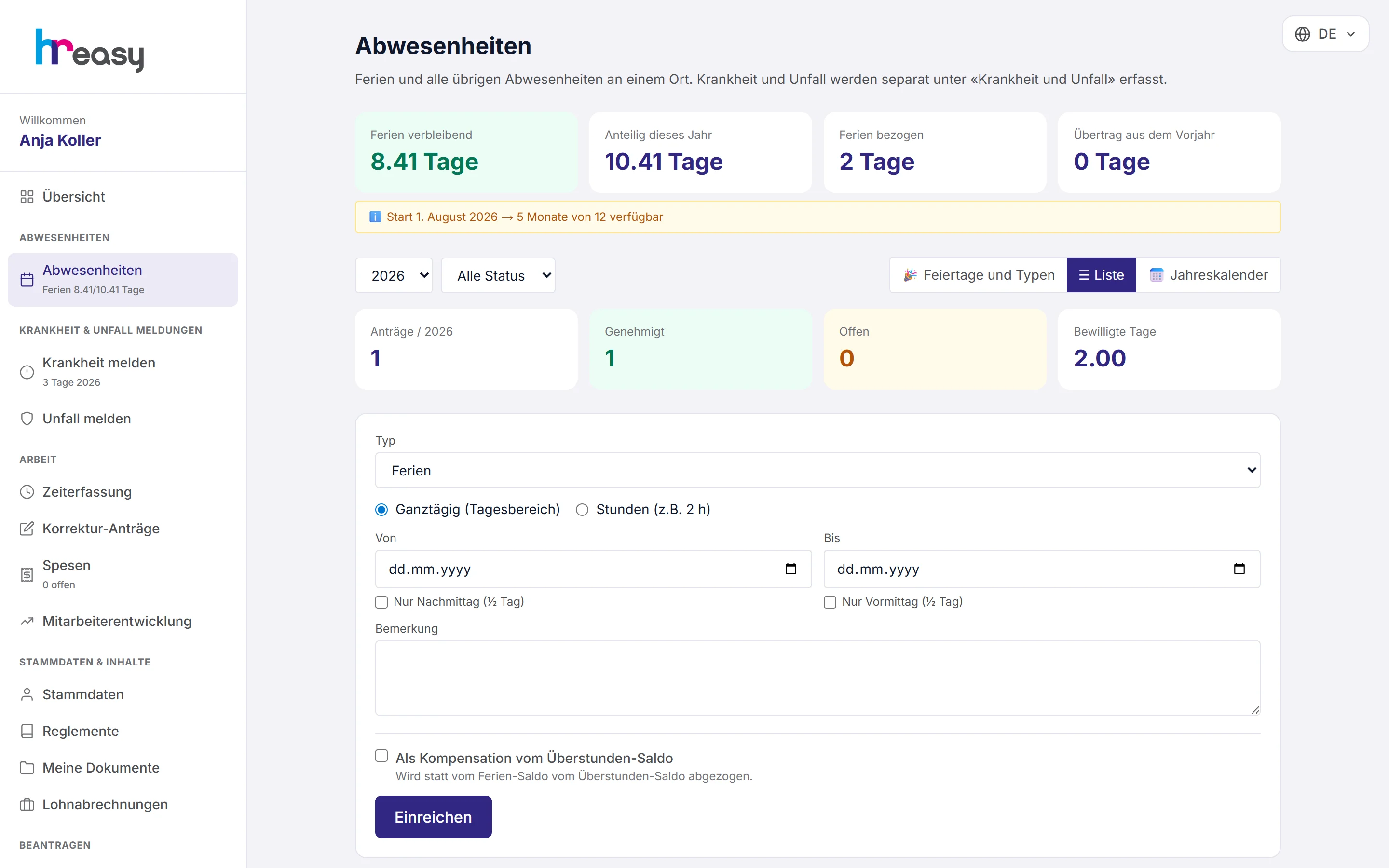 Mitarbeiterportal mit Feriensaldo, beantragten Tagen und dem Formular für einen neuen Antrag