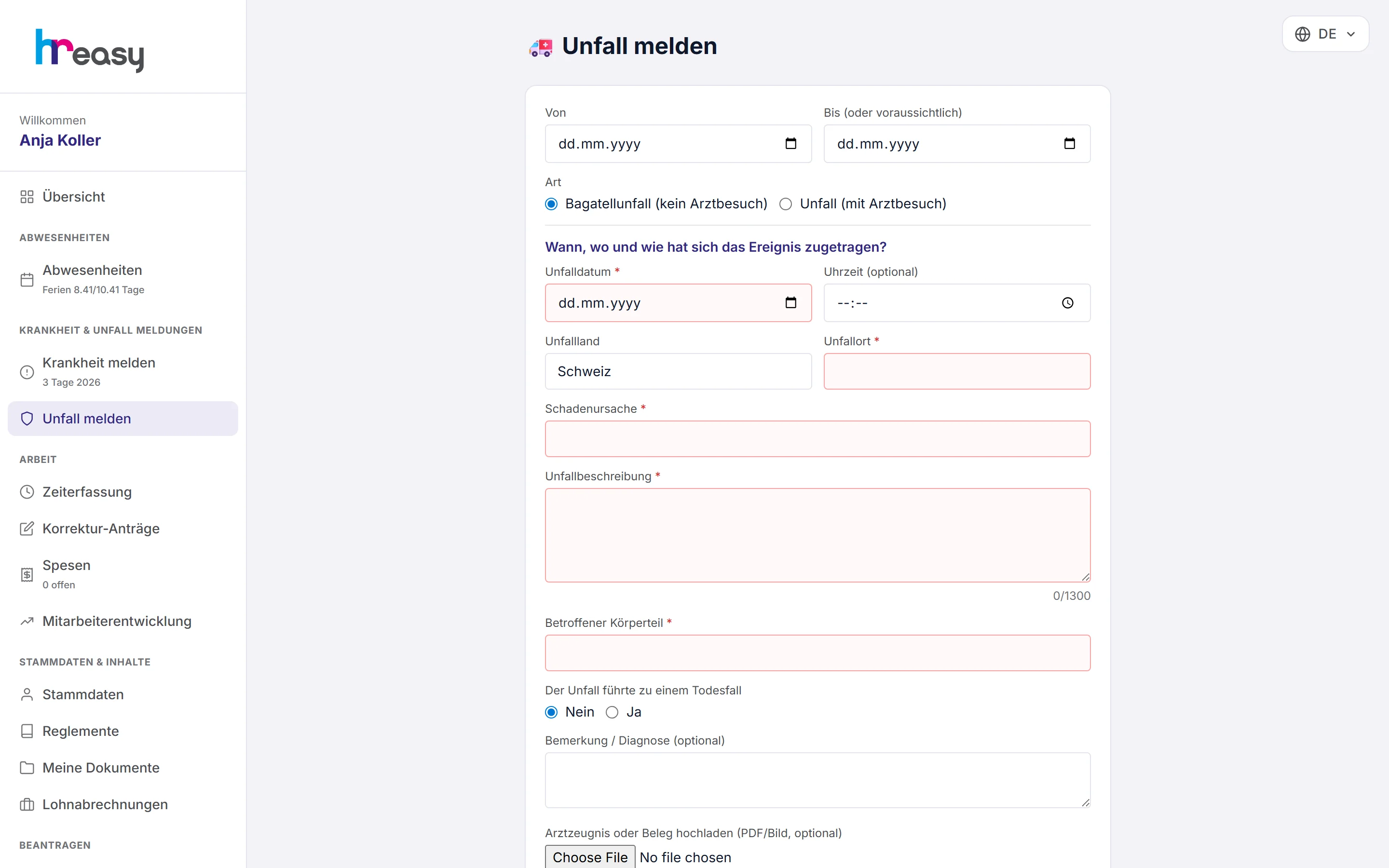 Unfallmeldung im Portal mit Art des Unfalls, Datum, Ort, Ursache, Beschreibung und betroffenem Körperteil