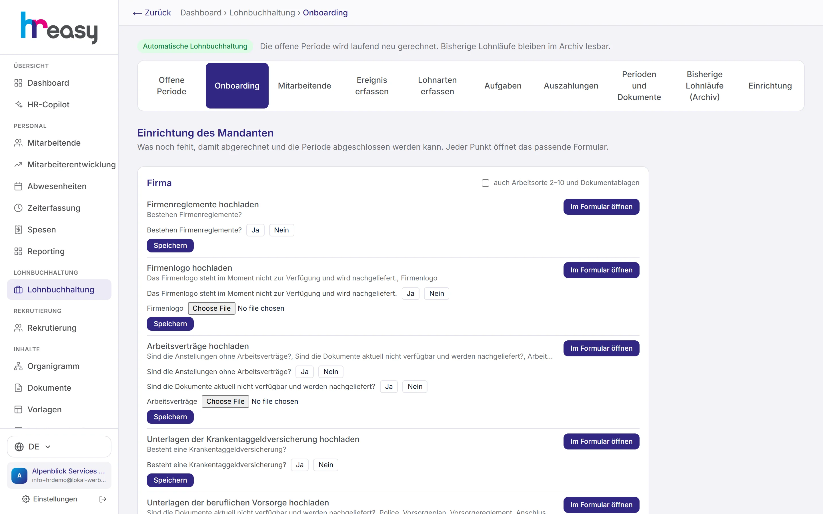 Arbeitsliste der Einrichtung mit offenen Pflichtangaben der Firma und je Person