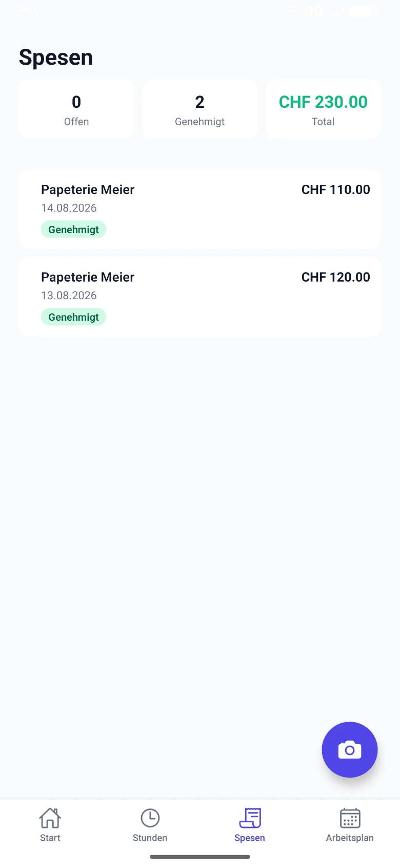 App-Ansicht Spesen mit genehmigten Belegen und Kamera-Knopf