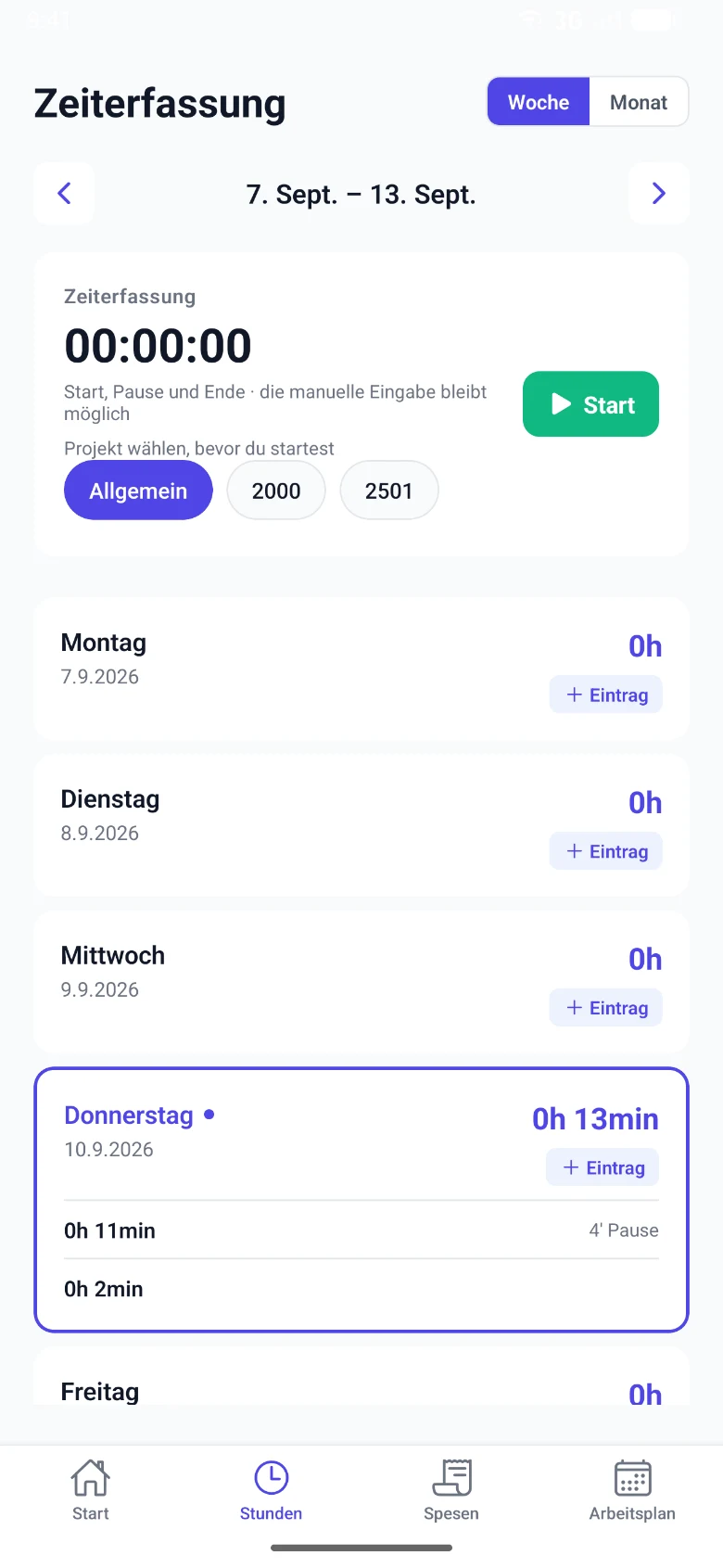 App-Ansicht Zeiterfassung mit Timer, Projektwahl und Stunden je Wochentag