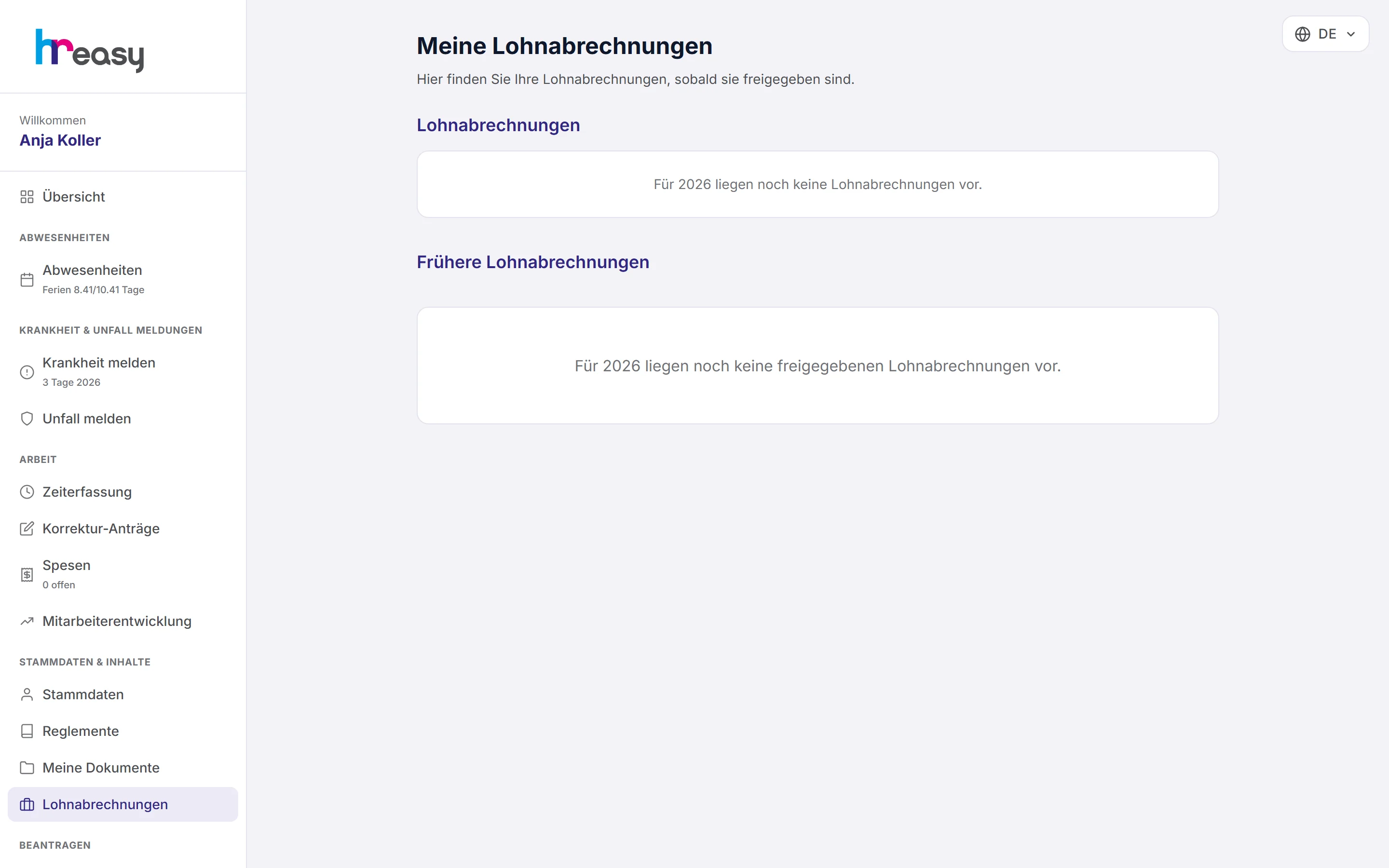 Seite Meine Lohnabrechnungen im Mitarbeiterportal