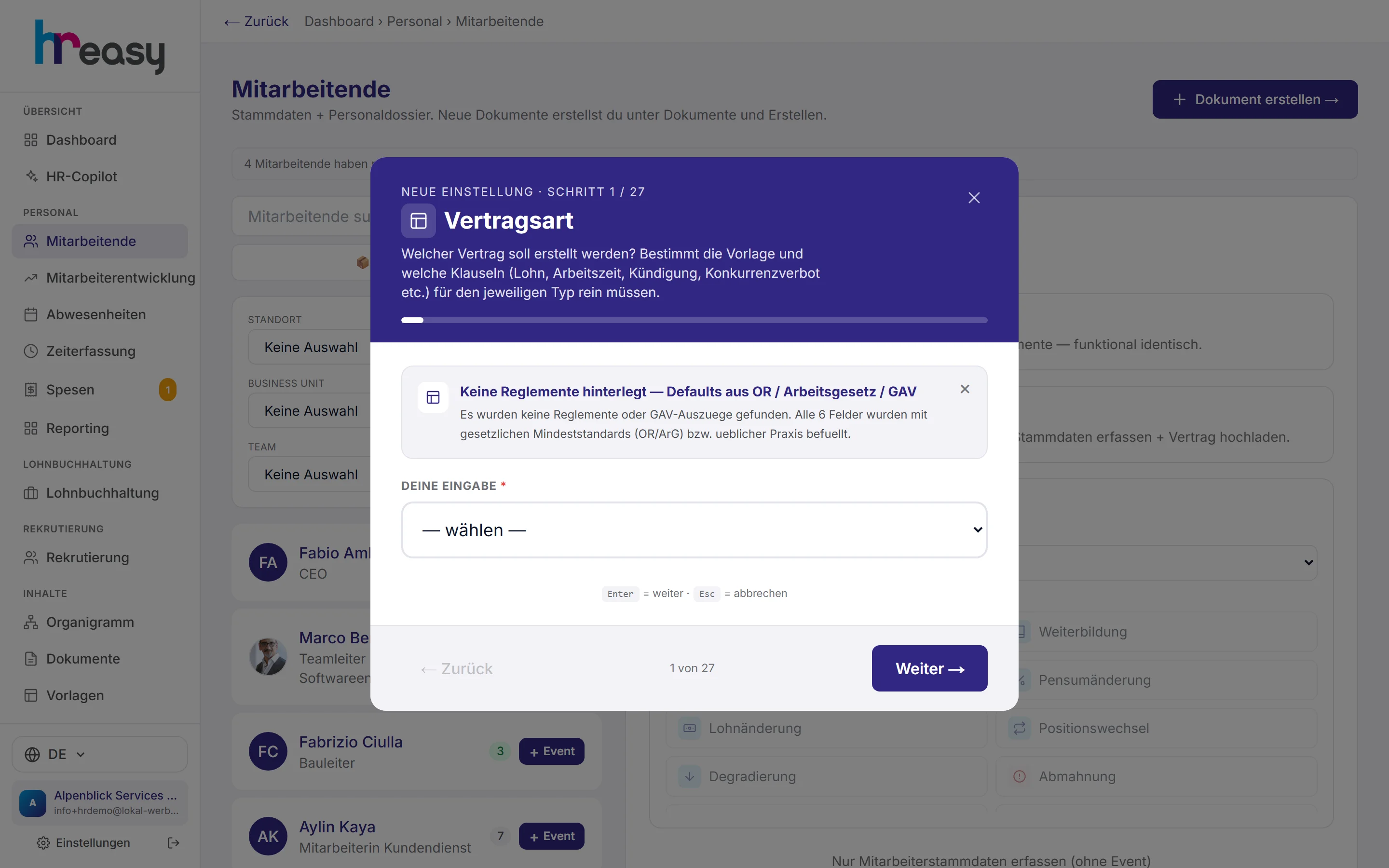Einstellungs-Assistent mit Auswahl der Vertragsart