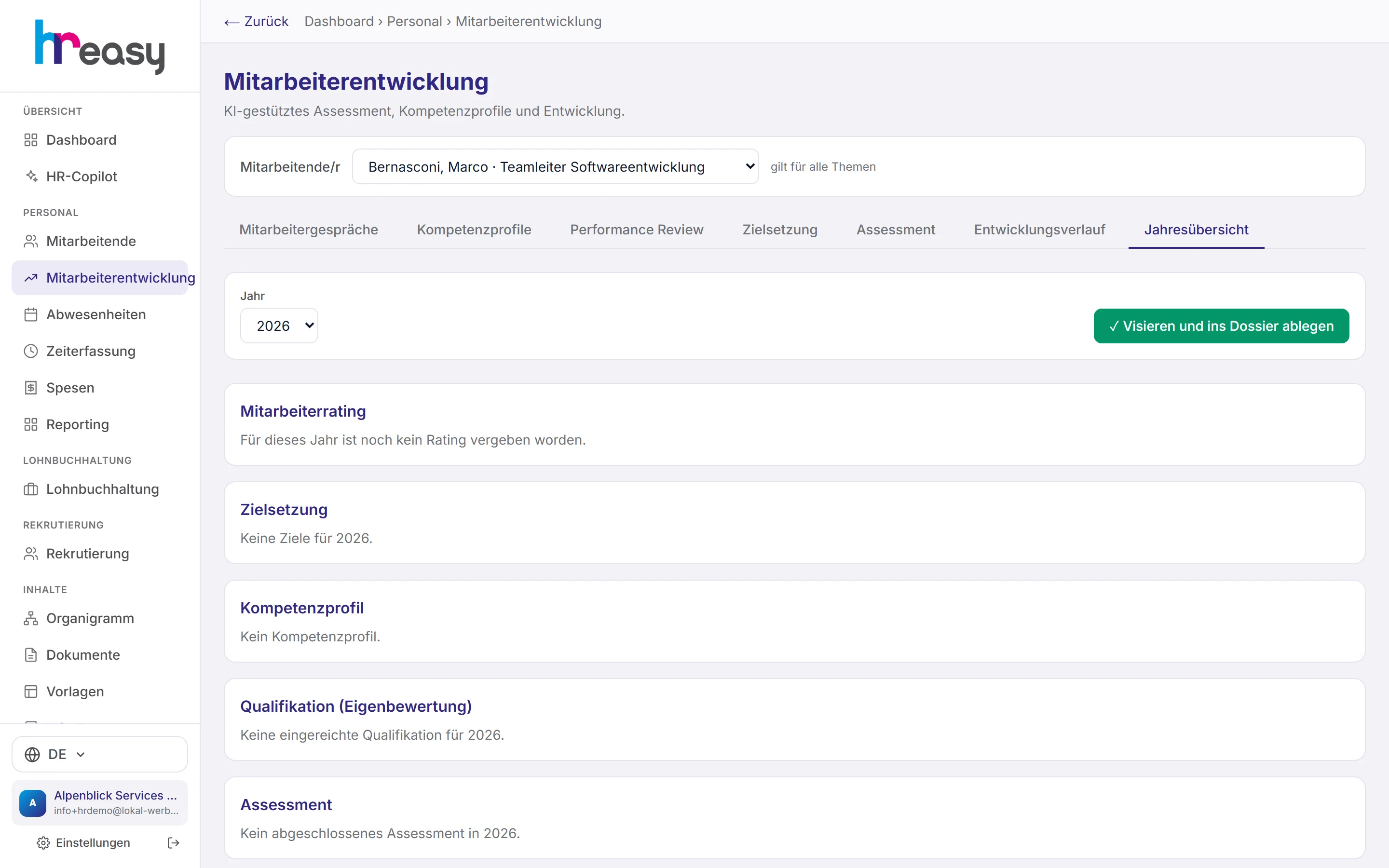 Jahresübersicht mit Rating, Zielsetzung, Kompetenzprofil, Eigenbewertung und Assessment