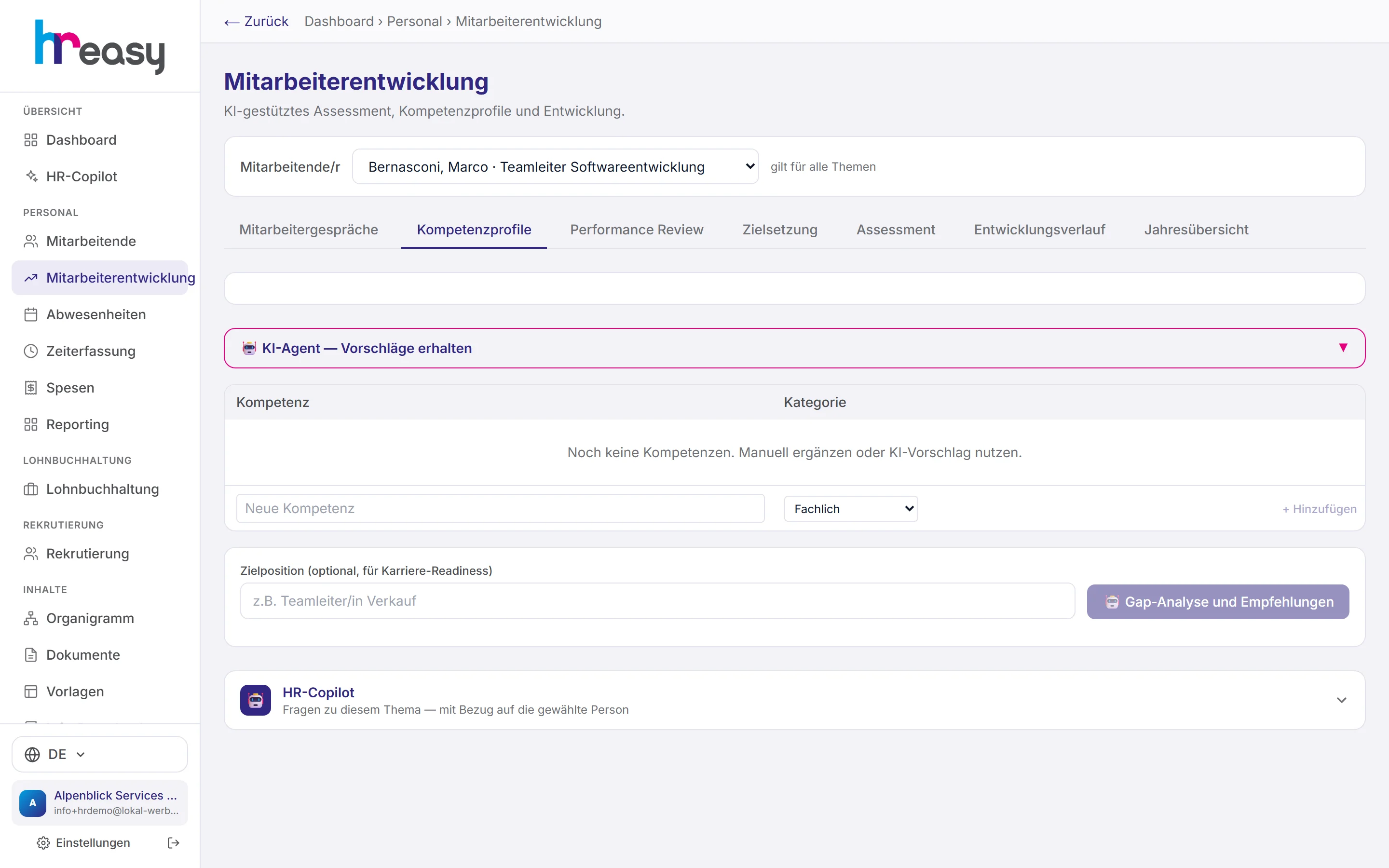 Kompetenzprofil mit KI-Agent, Kompetenzliste und Gap-Analyse zur Zielposition