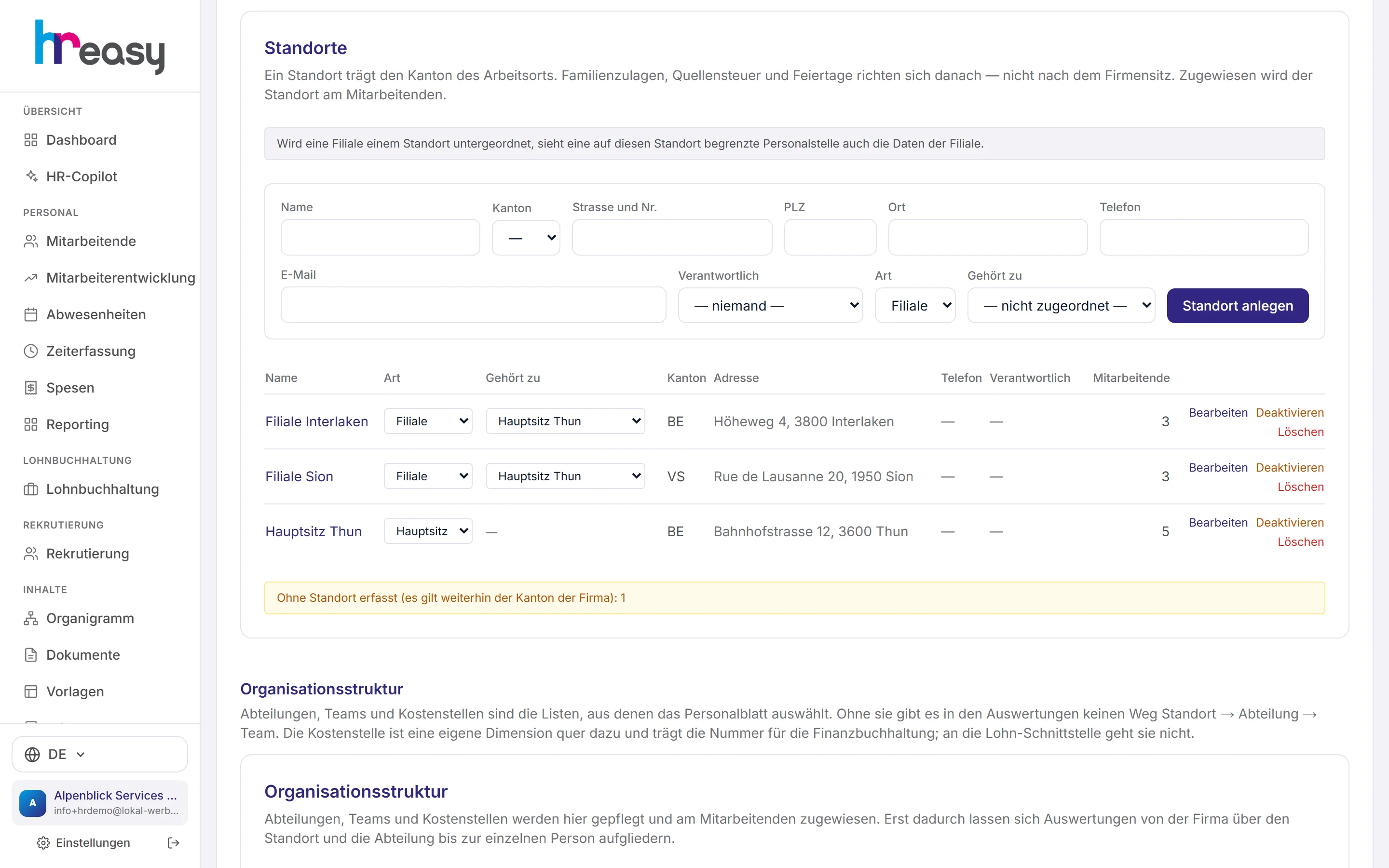 Einstellungen Aufbau des Betriebs mit Standorten, Organisationsstruktur und Hierarchie