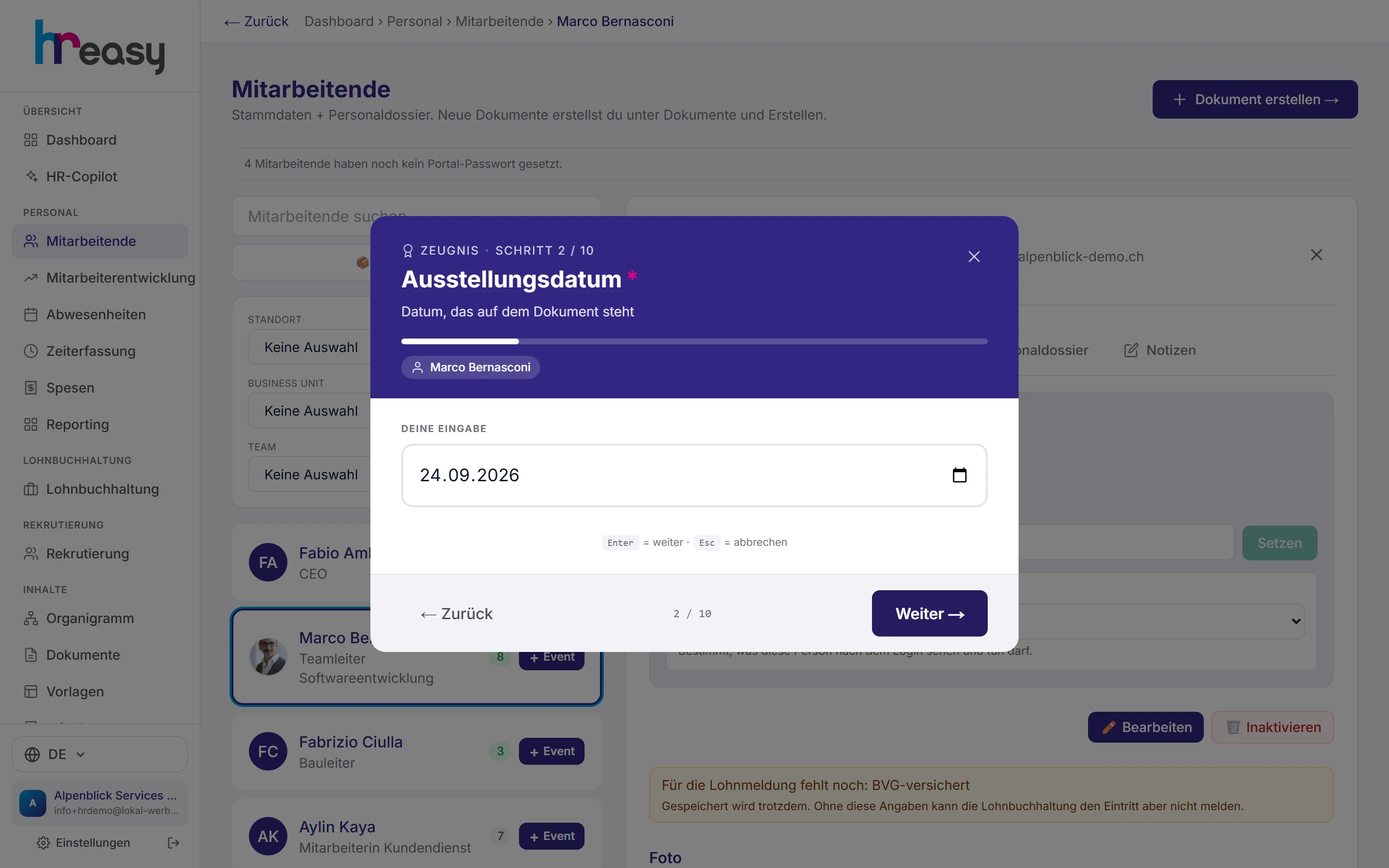 Nächster Schritt im Zeugnis-Assistenten mit Eingaben zum Zeugnis